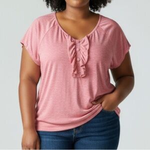 Lane Bryant Striped Popover with Ruffle and Faux Buttons.